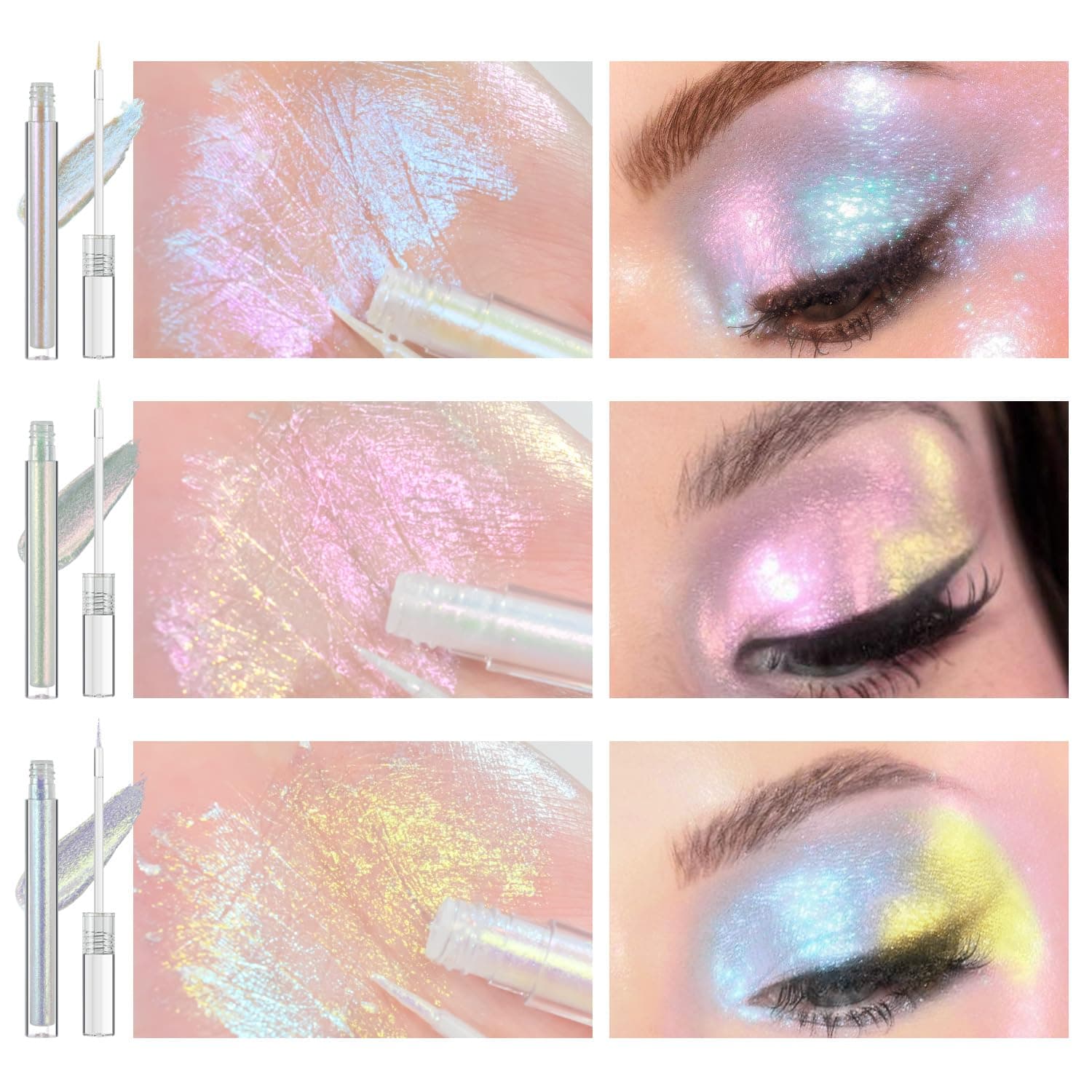 3PCS Multichrome Liquid Eyeshadow Set,Multi-Dimensional Fairy Makeup,High Pigment Waterproof Aurora Eye Shadow,Ultre Fine Tip Glitter Eyeliner (01 Aurora+02 Twilight+03 Moonbow)