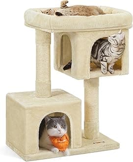 Feandrea Cat Tree, 33.1-Inch Cat Tower, Plush Condo for Large Cats up to 16 lb, Large Perch, 2 Caves, Scratching Post, Beige UPCT61M