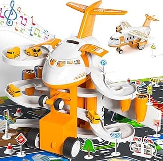 TEMI Kids Airplane Toys Race Tracks Car Toys for 3 4 5 6 7 Boys - Transport Airplane Adventures Car for Toddler Age 2-6 with 8 Construction Cars, Garage Parking Lot Playmat, Birthday Gifts for Girl
