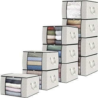 Fab totes 10 Pack Clothes Storage, Foldable Thick Fabric Blanket Storage Bags, Containers for Organizing Bedroom, Closet, Clothing, Comforter,Organization with Handle,Ivory White