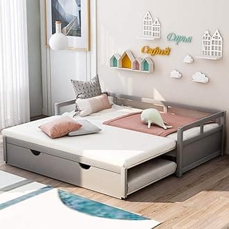 Merax Wooden Daybed Extendable Bed with Trundle, Sofa Bed for Bedroom Living Room, Can be Expanded from Twin Size to King Size (Grey)