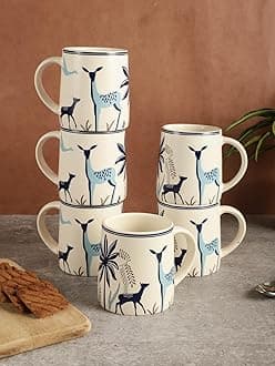 miah decor Ceramic Matte Printed Tea Coffee Mug Set of 6 Drinkware Microwave Safe Stoneware Cups for Home & Restaurant-350 ml-Cream Blue