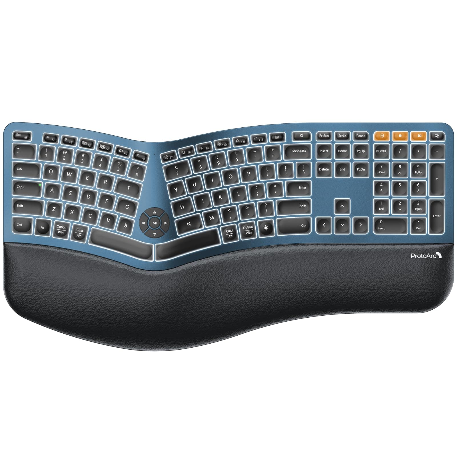 ProtoArc Backlit Bluetooth Ergonomic Keyboard, EK01 Plus Full Size Wireless Split Keyboard with Dual Bluetooth and USB, Cushioned Wrist Rest, Rechargeable, Compatible with Windows/Mac/Android, Blue