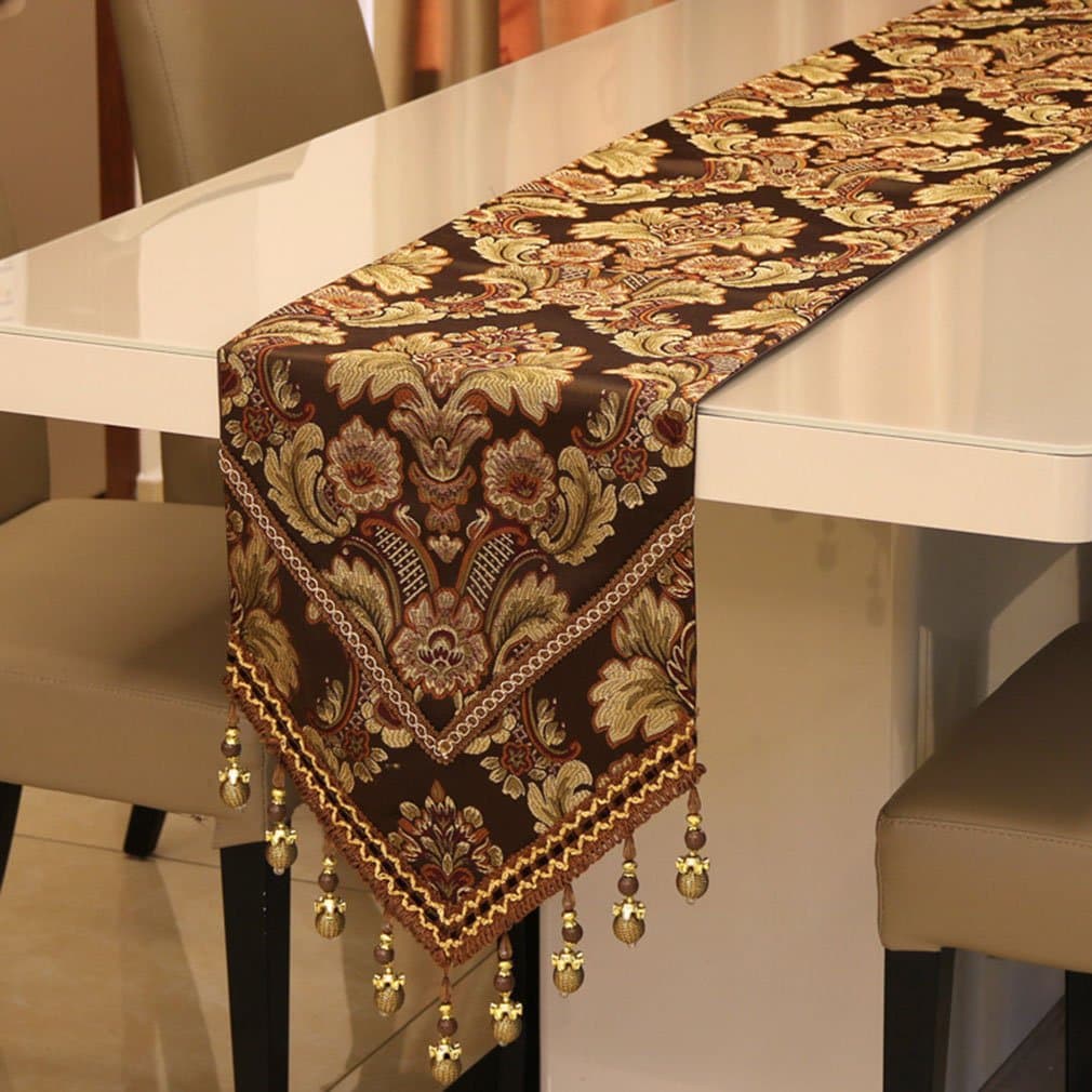 Table Runner Classic Thick Table Runner With Tassels Long Embroidery Floral Dining Table Rummer Piped Table Decor 12.59in X 82.67in (32cm X 210cm) Home Decoration ( Color : Coffee color )