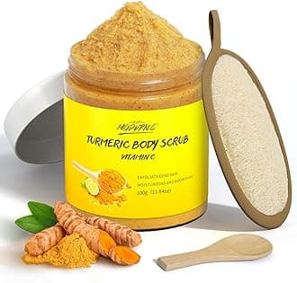 Turmeric and Vitamin C Body Scrub, Exfoliating Scrub, Remove Dead Skin Improve Dark Spots Acne, Natural Deep Cleansing, Exfoliator for Body Butt Bikini Area, Body Care for Men Women, with Loofah