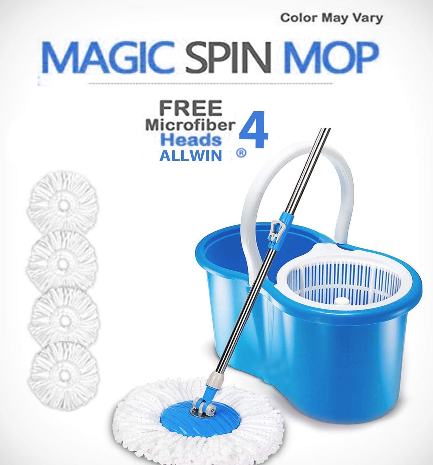 ALLWIN® Mop with 4 Refills Super Absorbent Refills for All Home & Office Floor Cleaning,360 Degree Spin Bucket, 180 Degree Flexible Handle,for Perfect Cleaning (blue)