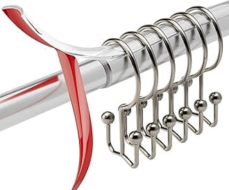 Titanker Shower Curtain Hooks Rings, Minimalist Simple Double Shower Hooks, 12 Pcs Shower Rings and 13 Ft Clear Rod Tape Smooth Sliding Accessories for Bathroom Shower Rods, Nickel