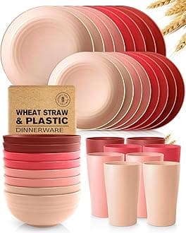 Teivio 32-Piece Kitchen Plastic Wheat Straw Dinnerware Set, Service for 8, Dinner Plates, Dessert Plate, Cereal Bowls, Cups, Unbreakable Plastic Outdoor Camping Dishes, Red gradient