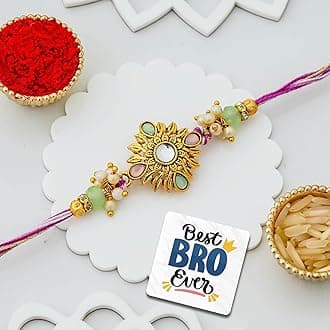 eCraftIndia Beautiful Floral Rakhi for Brother With Gift Combo Set | Raksha Bandhan Designer Rakhi for Bhaiya Bhabhi Bhai Kids Boy | Best Bro Ever Fridge Magnet | Roli Chawal Pack