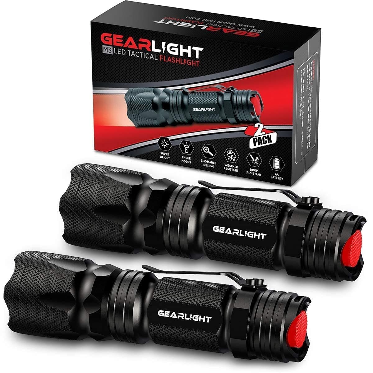 M3 Mini LED Flashlight - 2 Bright, Small Tactical Flashlights with High Lumens and Pocket Clip for Camping, Outdoor & Emergency Use - Black