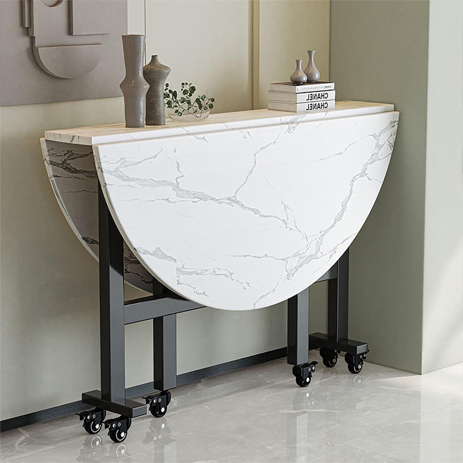 Modern Round Folding Dining Table, Drop Leaf Table with 6 Wheels, Extendable Butterfly Table, Versatile Collapsible Extension Dinner Kitchen Office Desk Table, Space Saving Folding Kitchen Table ( Col