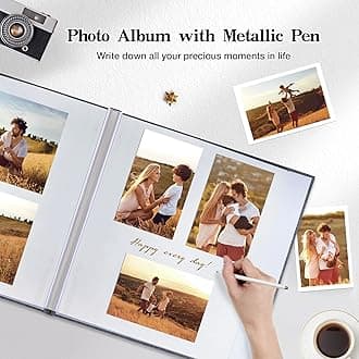 potricher Self Adhesive Photo Album Magnetic Scrapbook Album 40 Magnetic Double Sided Pages Linen Hardcover DIY Photo Album Length 11 x Width 10.6 (Inches) with A Metallic Marker Pen YX-0018