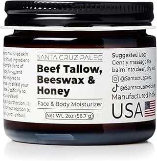 Santa Cruz Paleo, Beef Tallow, Beeswax & Honey Face Moisturizer, Organic, Unscented Grassfed Beef Tallow Skin Care, Sunscreen Free, Non Comedogenic Face & Body Moisturizer for Sensitive Skin, 2 Oz