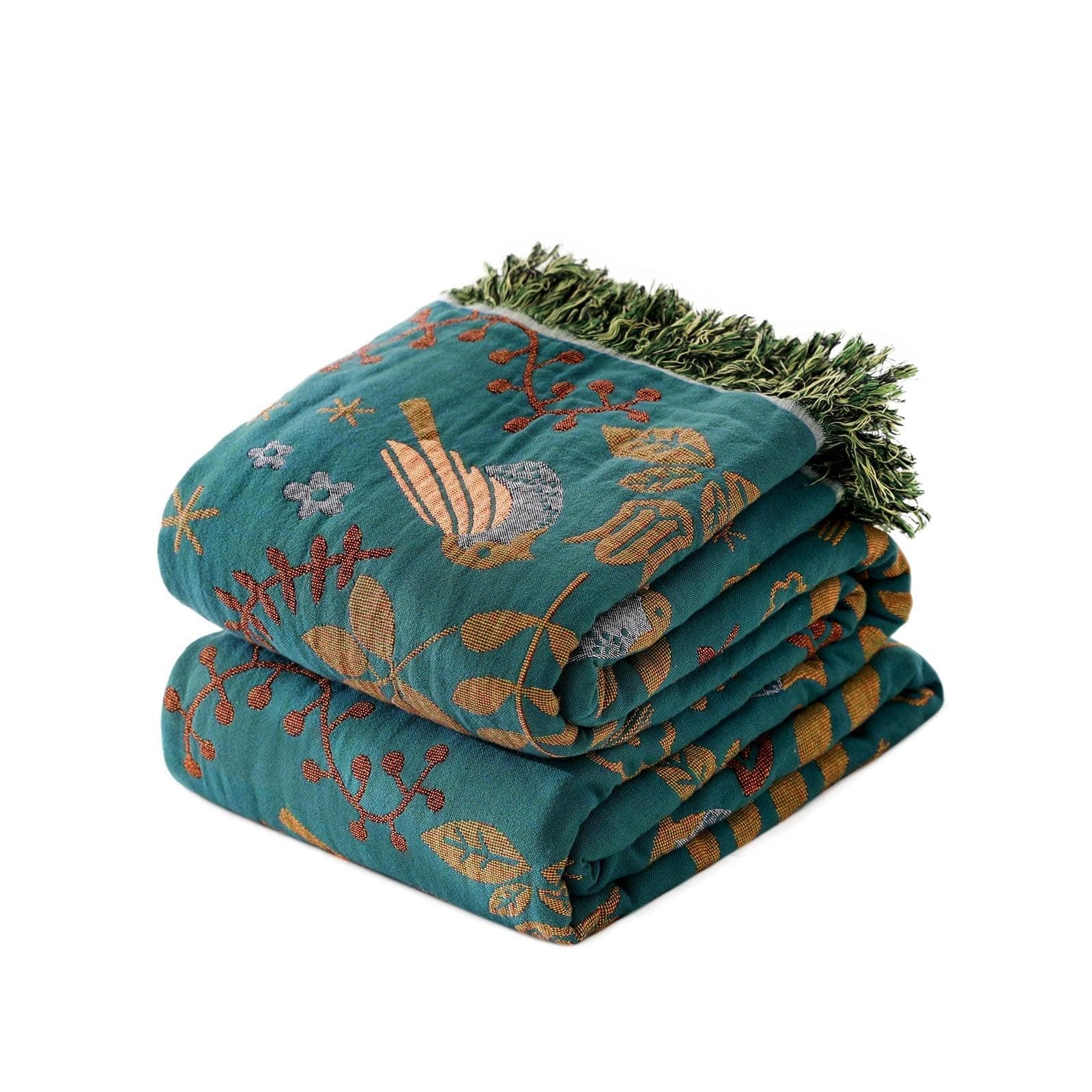 Boho Throw Blanket for Couch 100% Cotton Soft Birds and Floral Double Embroidery Breathable Spring Throw Blankets,50"x60" All Season Reversible Throws for Sofa Chair Livingroom Home Decor