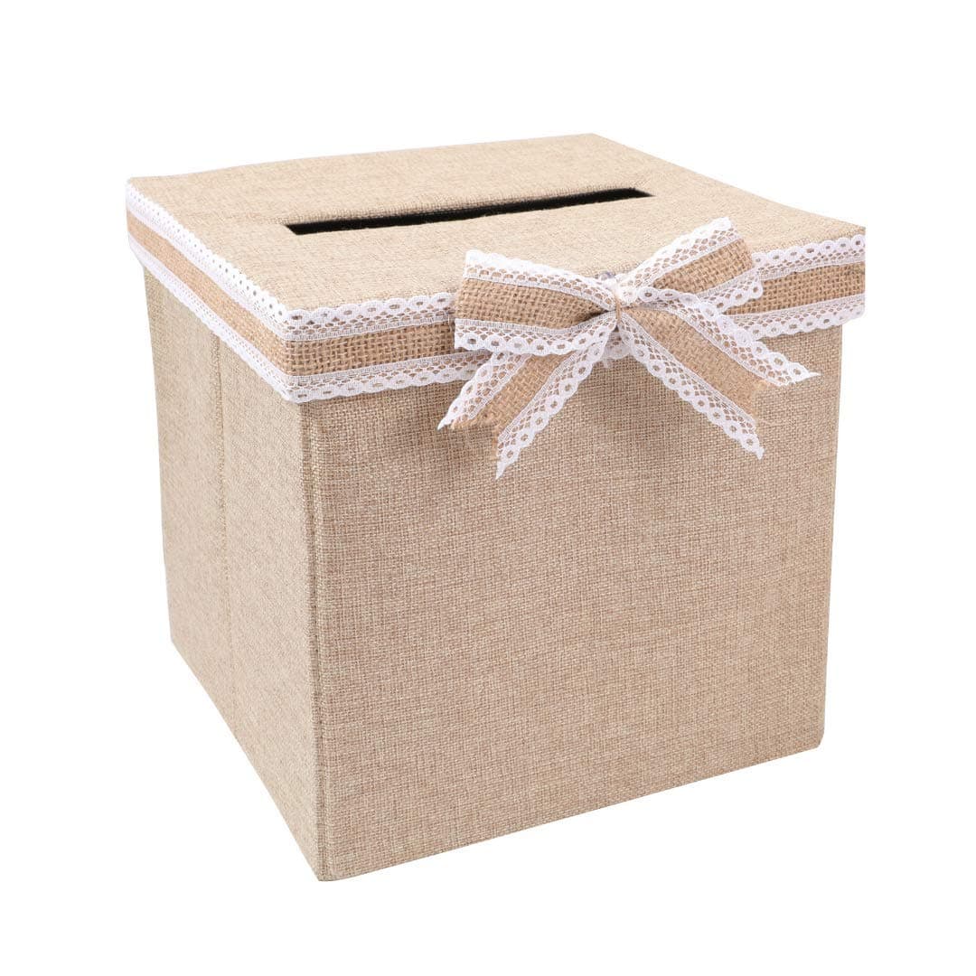 FLUYTCO Rustic Wedding Card Envelope Box - Thick Linen Fabric & Removable Ribbon Bow - Collapsible - Perfect for Weddings, Baby Showers, Birthdays, Graduations - Large Size, 100+ Cards