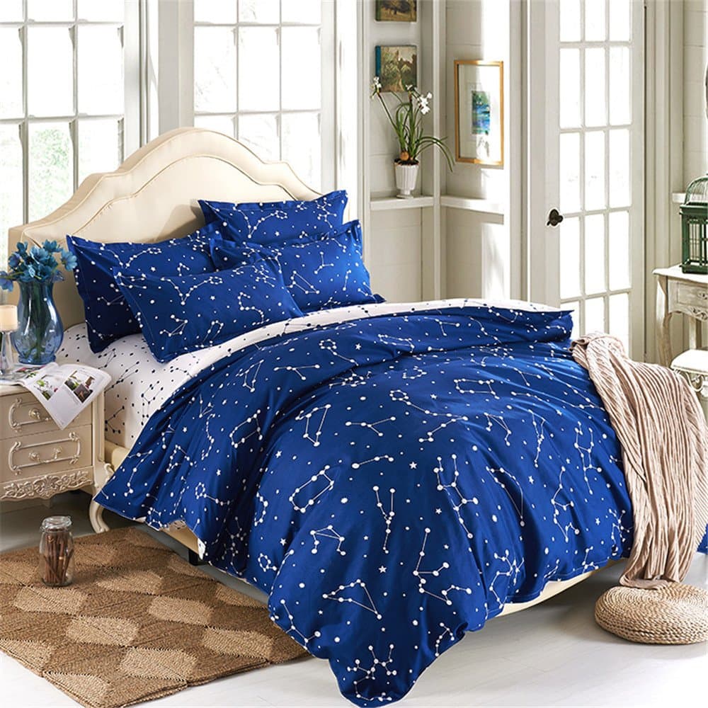 Twin Size Kids Space Star Print Bedding Sets,100% Polyester Queen Twin Size Blue Color constellation Sky Bedlinen Sets 4PC ,(Full/Queen Size,4PC)