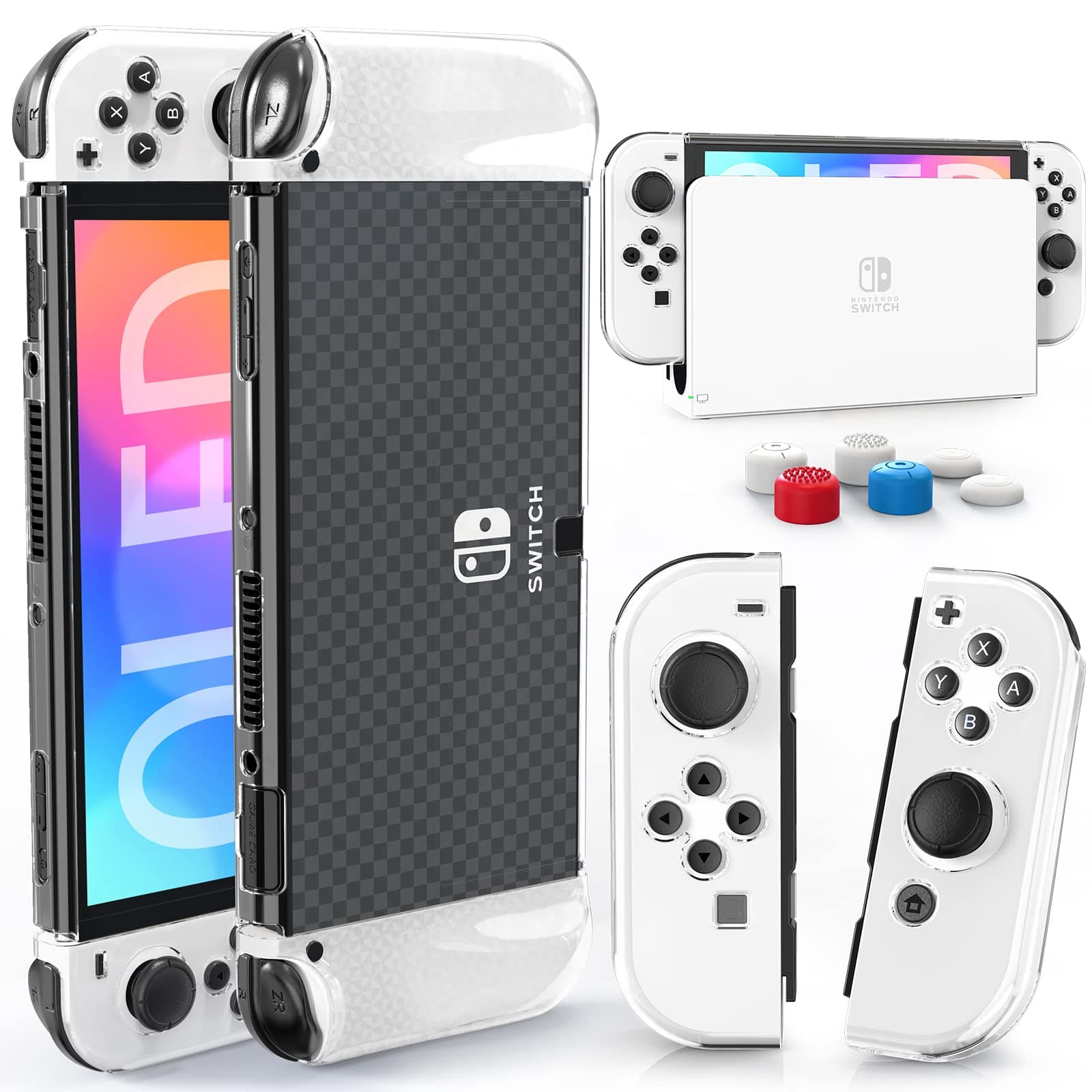 Case for Nintendo Switch OLED Model, Dockable Cover Hard PC Protector Case for Switch OLED Grips,Switch OLED Console and Accessories with Thumb Stick Caps