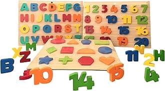 PALSCREW Wooden Learning Educational Board for Kids, Puzzle Toys for 2 Years Old Boys & Girls (Capital Alphabets, Numbers & Shapes) (ABC, Numbers & Shape) (AlphaNumericShapes)