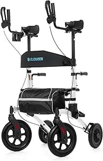 ELENKER All-Terrain Upright Rollator Walker, Stand up Rolling Walker with Seat, 12” Non-Pneumatic Tire Wheels, Compact Folding Design for Seniors, White