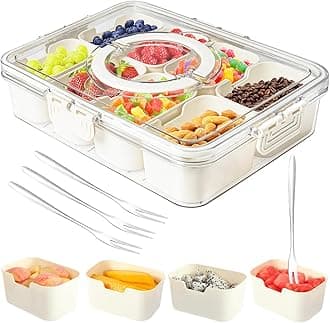 Snackle Box Container,Portable Snack Box 8 Compartment Divided Serving Tray with Lid and Handle,Clear Storage Organizer for Fruit Candy Nuts Veggie-Perfect for Road Travel Party（1 Pack）