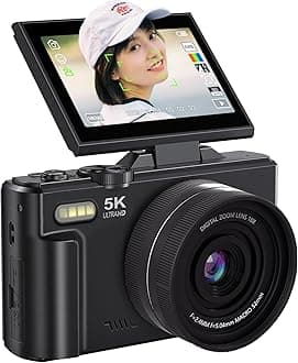 AiMike 5K Digital Camera for Smartphones, Digital Camera, WiFi Transmission Function, 75 Million Pixels, 180 Degree Rotation Display, 64 GB Micro SD Card Included, 18x Digital Zoom, Auto Focus Function, Webcam, 19 Types of Filters, Convenient Selfie, 3 Inch Large Screen, 2 Batteries, Compact, For Kids & Beginners, Children's Day, Christmas Gift, Black