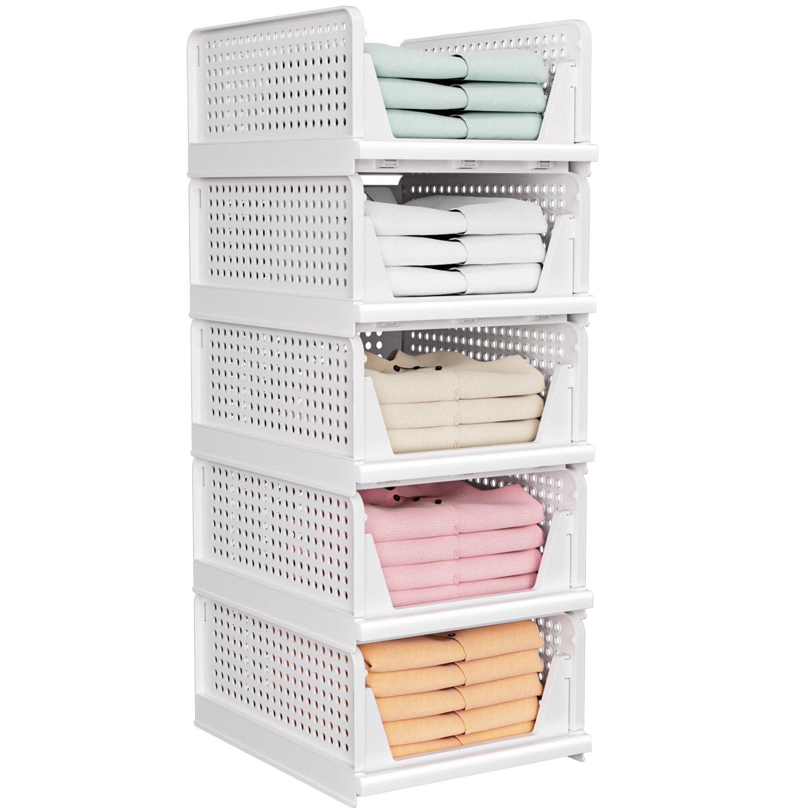 5 Pack Folding Closet Organizers Storage Box, Stackable Storage Bins, Plastic Drawer Basket Closet Storage for Wardrobe Cupboard Kitchen Bathroom Office