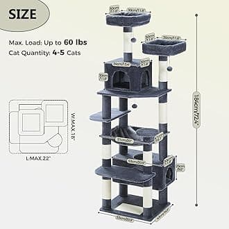 PAWZ Road Large Cat Tree, 72 Inches Cat Tower for Large Cats, Cat Condo with Sisal-Covered Scratching Posts and Pads, 2 Padded Perch, Dual Condo and Basket for Indoor Cats-Dark Gray