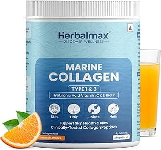 Herbal Max Marine Collagen Powder | Orange Flavour | Type I & III Hydrolyzed Collagen Peptides with Hyaluronic Acid, Vitamin C, Vitamin E & Biotin | Supports Skin, Hair, Nails, Bones & Joints | 240g