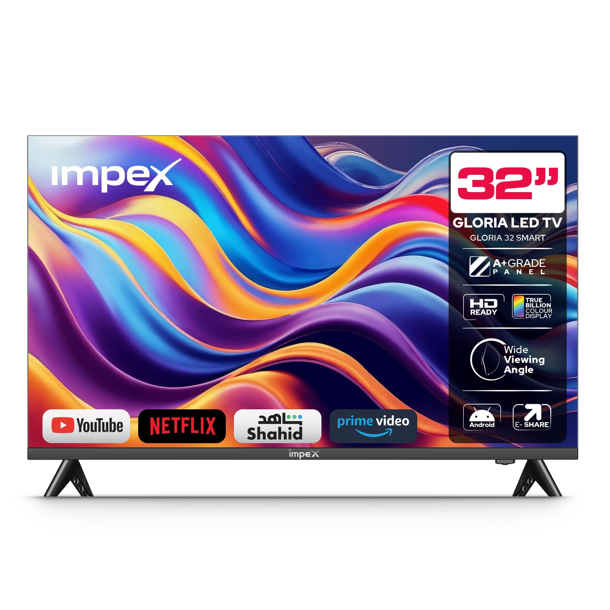 Impex 32 inch Smart Android HD LED TV, Frame Less Design,Mirror Cast And E-Share,HDMIUSB Wi-Fi Input,Netflix,YouTube, Disney+, Apple TV+, Starz Play Arabia,2 Years Warranty, Gloria 32 Smart