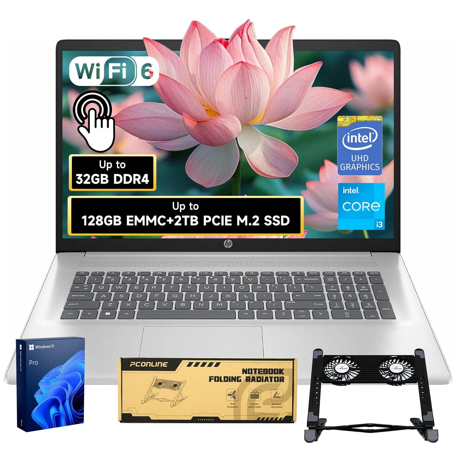 HP 17.3" Touchscreen Laptop, Intel Core i3 CPU, Win 11 Pro w/Office 365 for The Web, 16GB RAM, 128GB eMMC + 1TB SSD, Numeric Keypad, Wi-Fi 6, Silver, Bundle with PCO Notebook Fold Radiator, Cooler
