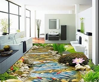 Wall Mural Wallpaper 116 x 83 inch (Width x Height) 3D PVC Flooring Custom Wall Sticker 3D Hd Streams Goldfish Lotus 3D Bathroom Flooring Paintings Photo 3D Wall murals Wallpaper