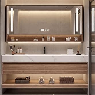 Wood Bathroom Vanity Set - LED Defogging Mirror | Wall Mounted Bathroom Vanity with Sink Include Open Storage & Mirror Cabinet Storage & 2 Drawers (62'')