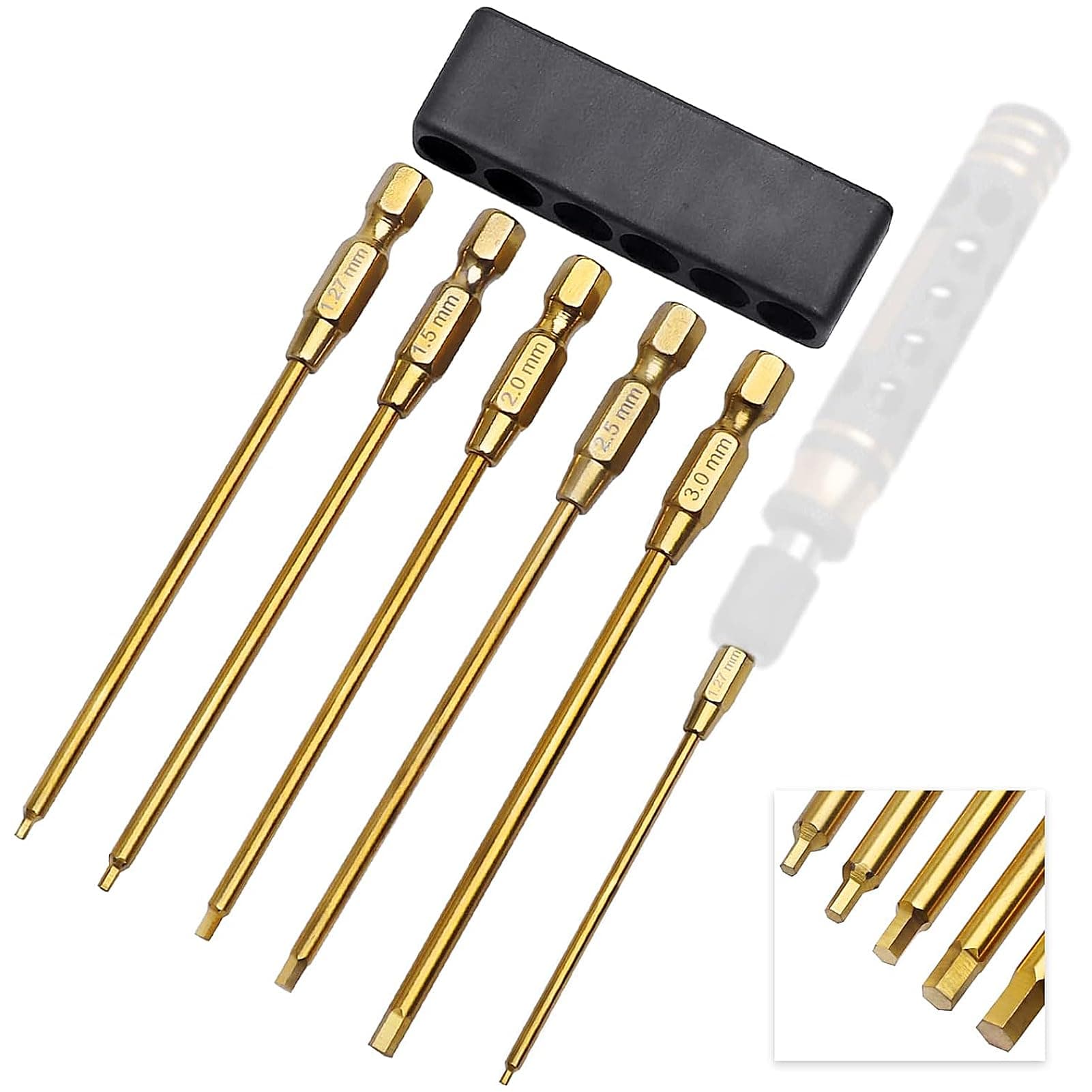 Titanium 1/4" Drive RC Hex Driver Bit Set 1.27mm 1.5mm 2.0mm 2.5mm 3.0mm Allen Wrench Keys Compatible with Electric Drills Impact Drill (5-Pack)