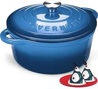 4.2L Enamelled Cast Iron Round Casserole Pot With Lid Cookbook & Cotton Potholders - Non-stick Dutch Oven Cookware for Braising, Stews, Roasting, Bread Baking - Blue, 24cm