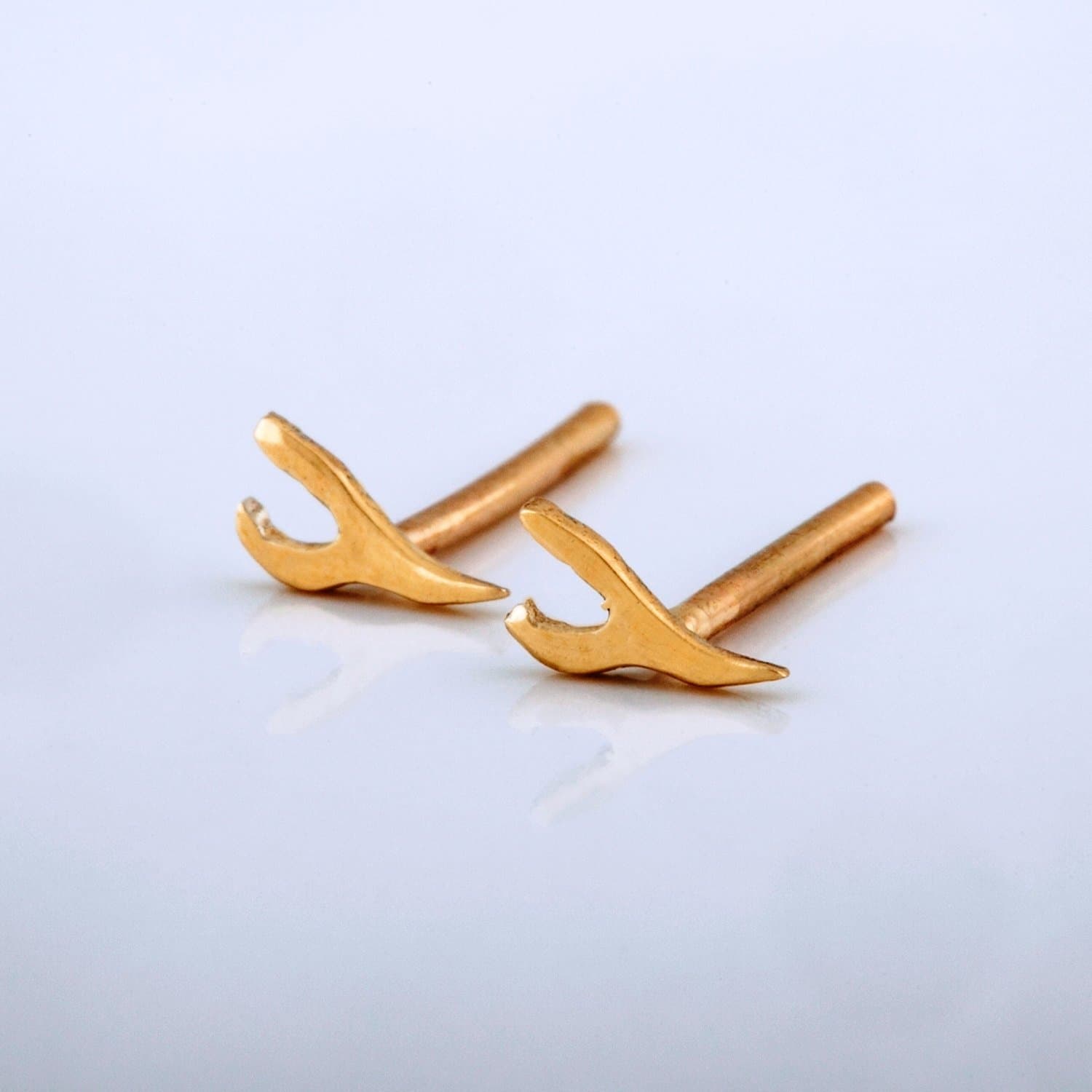 Tiny Stud Earrings, 14k Gold Small Post Earrings, Wishbone Shaped, Unique Women's Jewelry, Handmade Designer