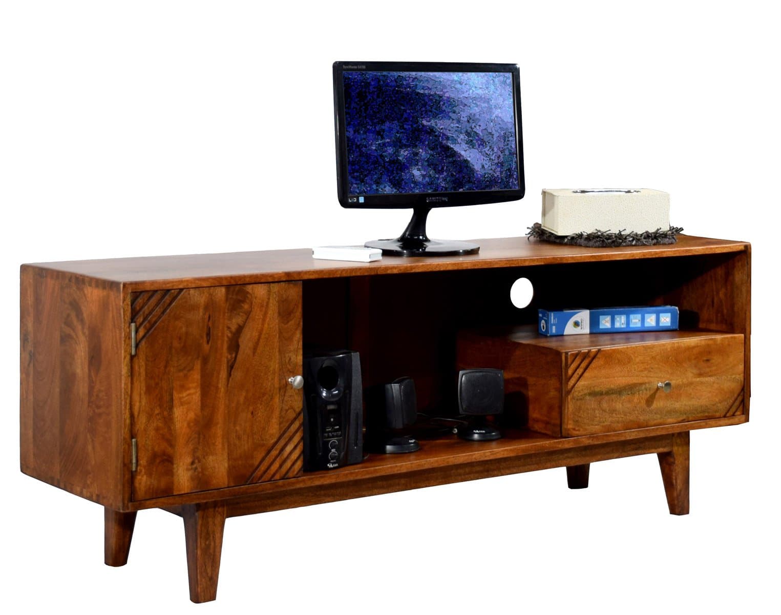 DAINTREE Solid Wood SHABY 1.45 Meter 1 Door 1 Draw TV Unit Cabinet Entertainment Stand (Natural Teak Wood Finish)