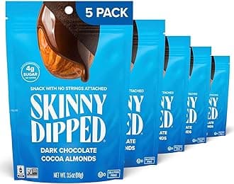 SkinnyDipped Dark Chocolate Cocoa Almonds, Healthy Snack, Plant Protein, Gluten Free, 3.5 oz Resealable Bags (Pack of 5)