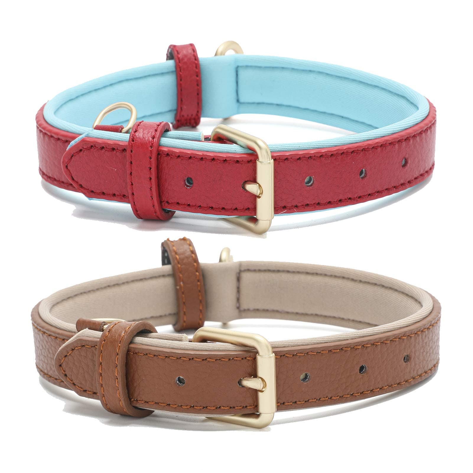2 Pack Leather Dog Collar for Small Medium Large Dogs Classic Soft Padded Breathable Waterproof Collars Red Brown Small
