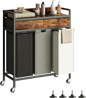 Laundry Sorter 3 Section Laundry Hamper with Shelf, Durable 3 Section Laundry Basket with Rolling Wheels & Storage Drawers, 3 x 13.26 Gallons (50L), Rustic Brown PF09XLN