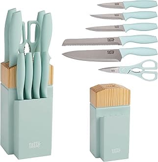 Tasty Kitchen Knife Set with Block, Cutlery Set includes Chef, Bread, Utility, Paring, Steak Knives & Shears, 10-Piece, Aqua