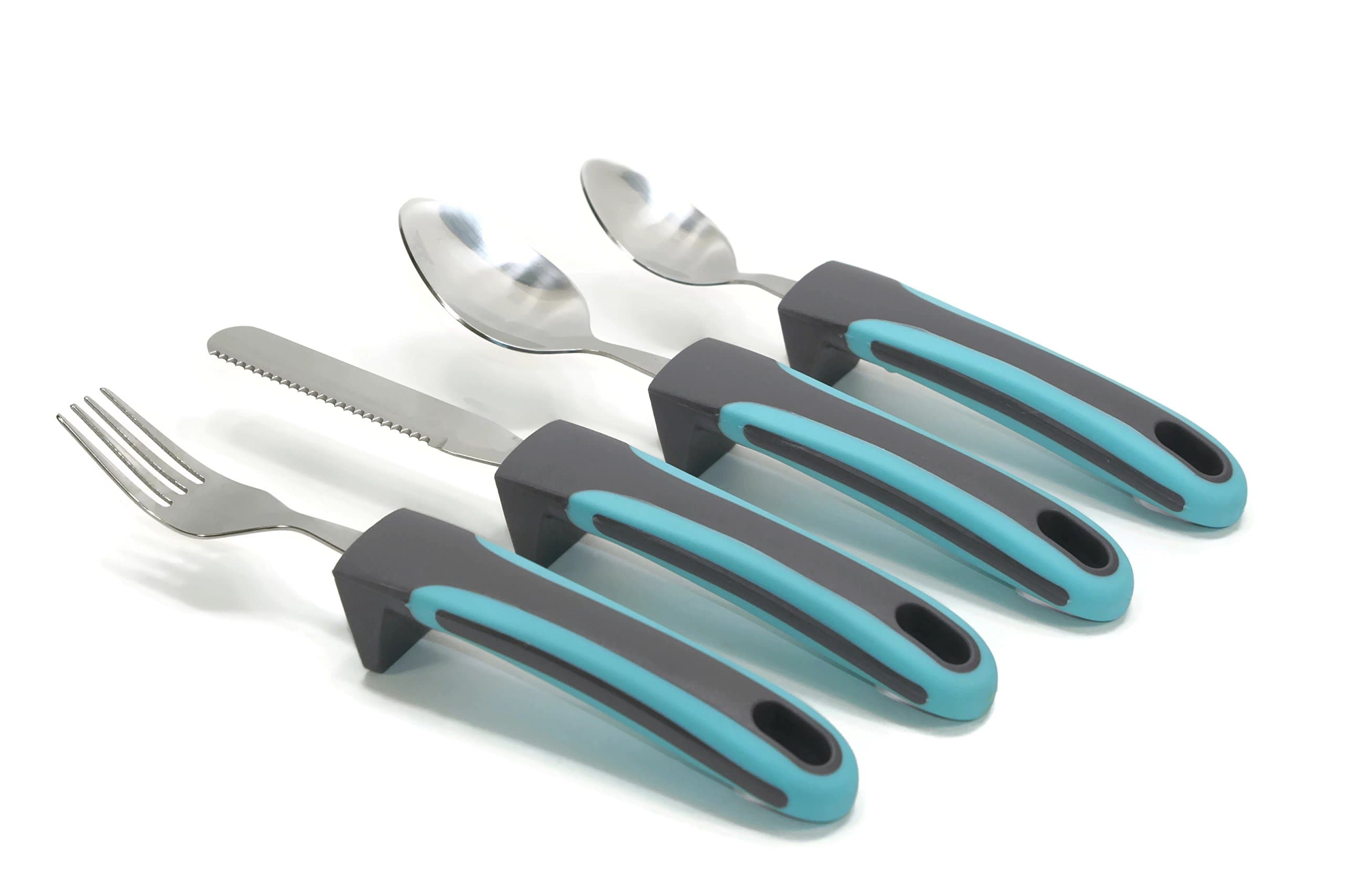 Deluxe Arthritis Silverware 4 Pc Eating Utensil Set Self Standing Handle Stainless Steel Shaky Hands Easy Grip Flatware Parkinsons Blue