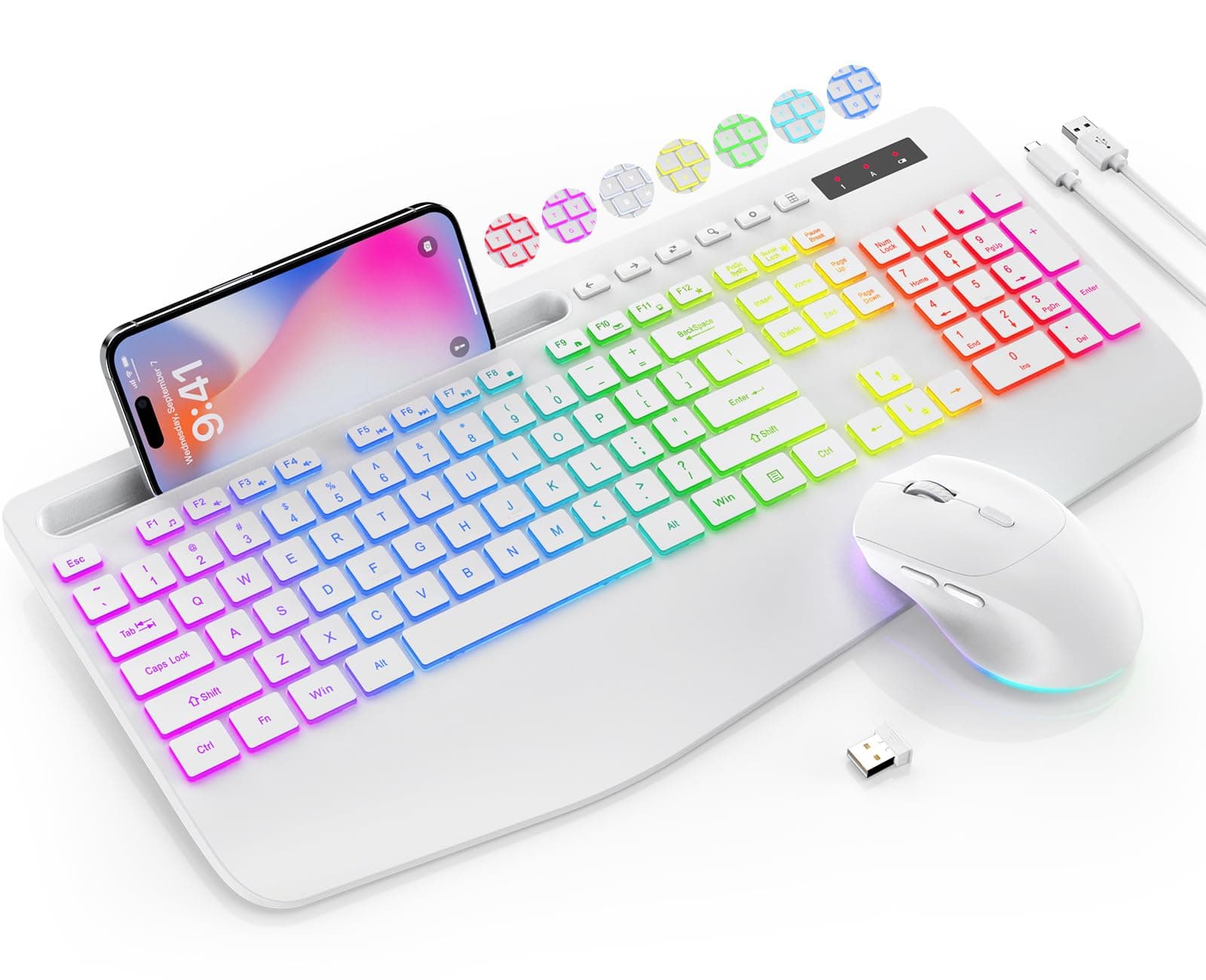 Wireless Keyboard and Mouse Combo, 9 Backlit Effects, Wrist Rest, Phone Holder, 2.4G Lag-Free Ergonomic Keyboards, Rechargeable Silent Cordless Set for Computer, Laptop, Mac, Windows -SABLUTE (White)