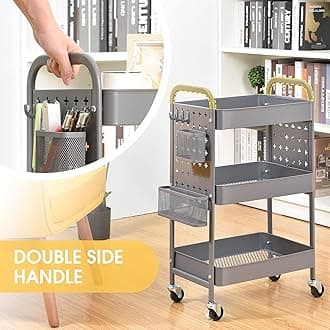 TOOLF 3-Tier Rolling Cart, Metal Utility Storage Cart with DIY Pegboards, Art Craft Trolley with Baskets Hooks, Serving Organizer Easy Assemble for Office, Home, Kitchen, Classroom (Grey)