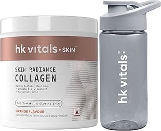 hk vitals Marine Collagen Supplement (Orange, 200g) & Sipper Bottle (Grey, 300ml) Combo Pack | With Vitamin C & E | For Healthy Skin, Hair & Nails