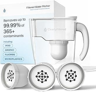 Clearly Filtered No.1 Filtered Water Pitcher/Updated Model/Targets 365+ Contaminants e.g. Fluoride Chlorine PFAS Microplastics Lead Arsenic BPA/BPS Free (Pitcher + 3 Filter Packs)