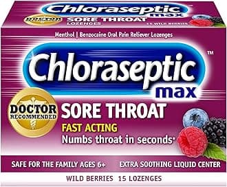 Max Strength Sore Throat Relief Lozenges, Wild Berry, Drops with Liquid Center to Numb Sore Throat, 15 Count