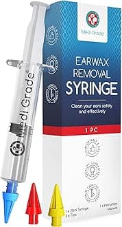 Medi Grade Ear Wax Removal Syringe - Natural Ear Cleaner for Safely Removing Ear Wax at Home - Reusable Ear Cleaning Kit with 3x Family Quad-Spray Safety Tips for Ear Irrigation - Ear Wax Removal Tool
