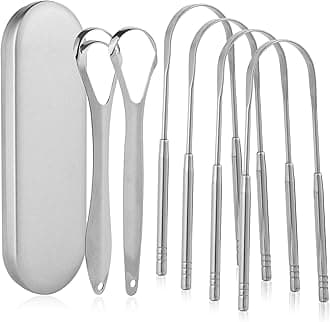 6 Pack Tongue Scrapers - Reusable & Easy to Clean Tongue Scrubber with Travel Case for Adults & Kids - Medical-Grade 100% Stainless Steel Tongue Cleaner for Fresh Breath & Oral Care
