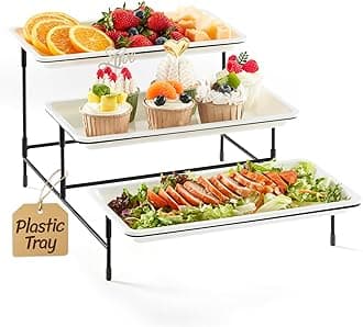 Lifewit 3 Tier Serving Tray, 30 x 17 cm/12 x 6.5 White Plastic Tiered Food Serving Platters, Tiered Tray Stand for Party with Black Collapsible Metal Stand, Dessert Display Stand for Cookies/Crackers