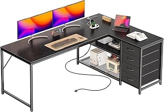 PRAISUN 61" L Shaped Desk with Power Outlets and USB-C Port, Reversible Computer Corner Office Desk with 4 Fabric Drawers and 2 Height-Adjustable Shelves, Large for Gaming Writing Work Study，Black